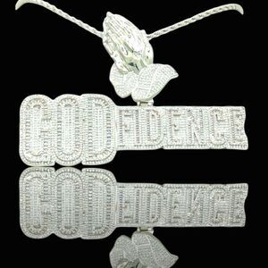 14K White Gold Finish Godfidence - Free 24inch x 3mm Rope Chain.